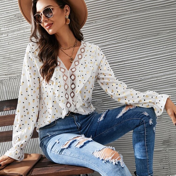 🌟 BOHO WHITE GOLD BLACK HEART RUFFLE BLOUSE! - Picture 7 of 16